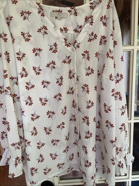 LOFT White Blouse with Red Floral Sprig Print